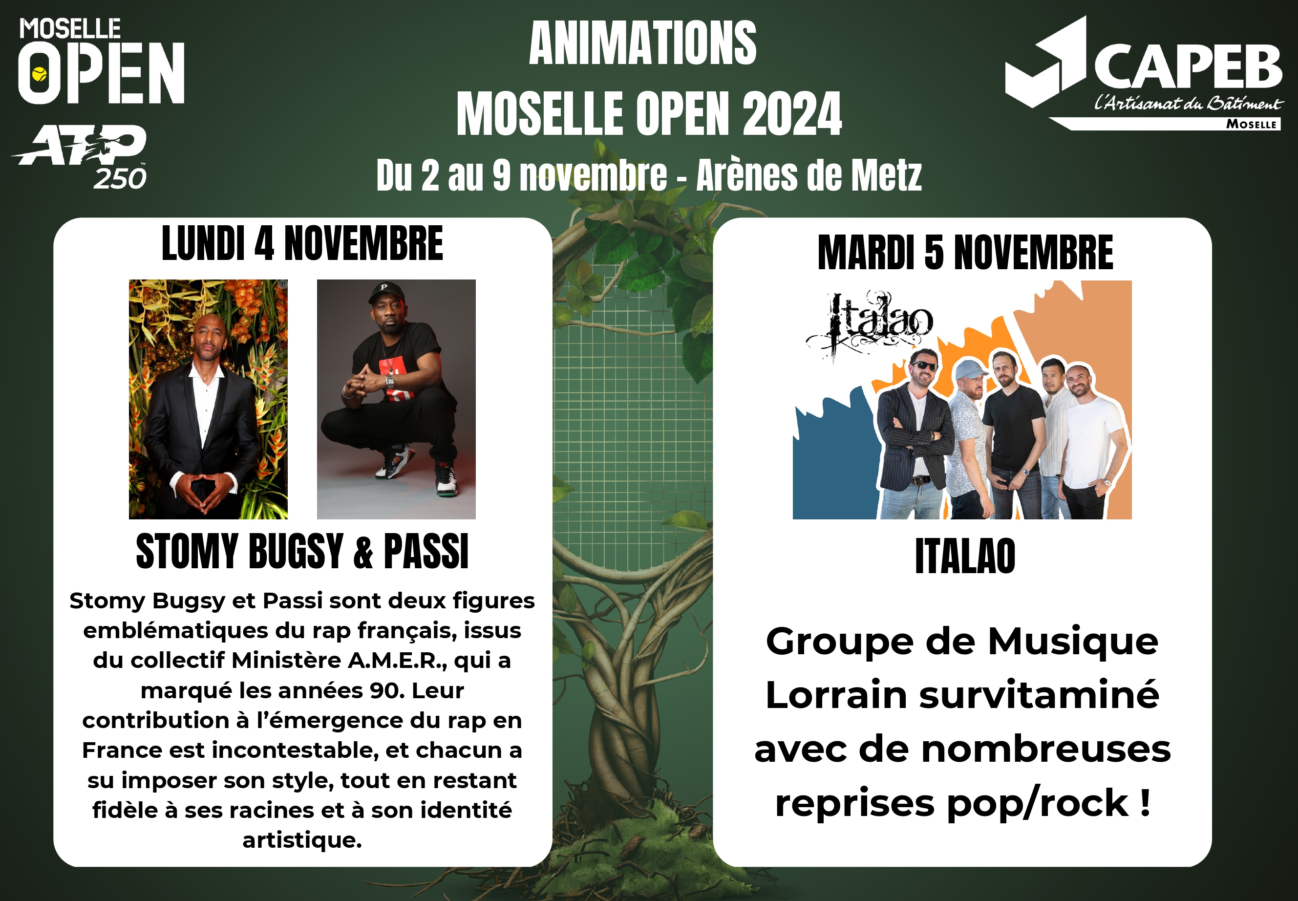 Rendez-vous au Moselle Open lundi 4 et mardi 5 novembre pour des soirées d’animations exclusives, où ambiance festive et moments inoubliables seront au rendez-vous !