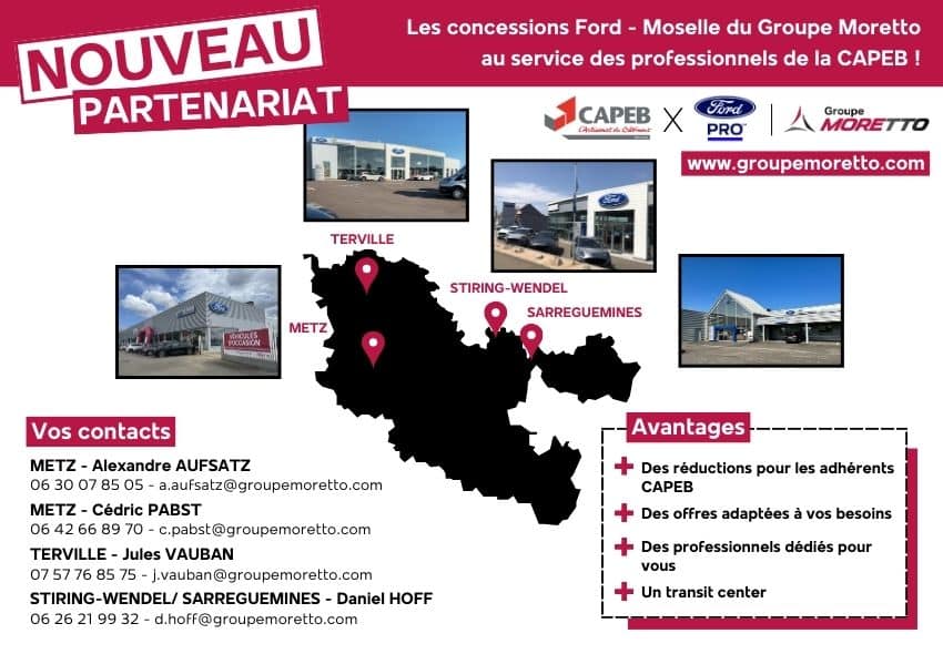 Partenariat exclusif entre les concessions Ford du Groupe Moretto en Moselle et la CAPEB !